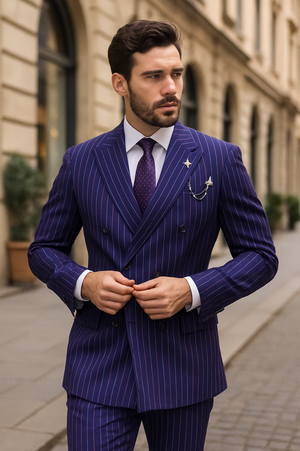 Vinci Men's 2 Piece Banker Pinstripe Double Breasted purple Suit Outlet - 38 Short Jacket+32 Waist Adjustable 28to34)(Height: 5 4 to5 7 )(Neck  15-16.5)S-M)