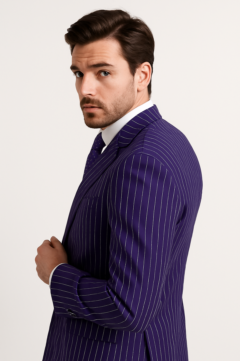 Vinci Men's 2 Piece Banker Pinstripe Double Breasted purple Suit Outlet - 38 Short Jacket+32 Waist Adjustable 28to34)(Height: 5 4 to5 7 )(Neck  15-16.5)S-M)