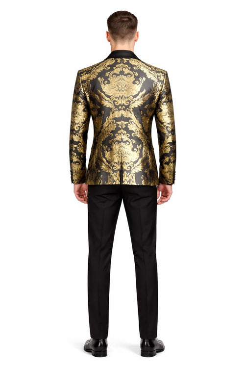 Vinci Mens Black and Gold Modern Fit 3pc Tuxedo Suit-New Designer Collection