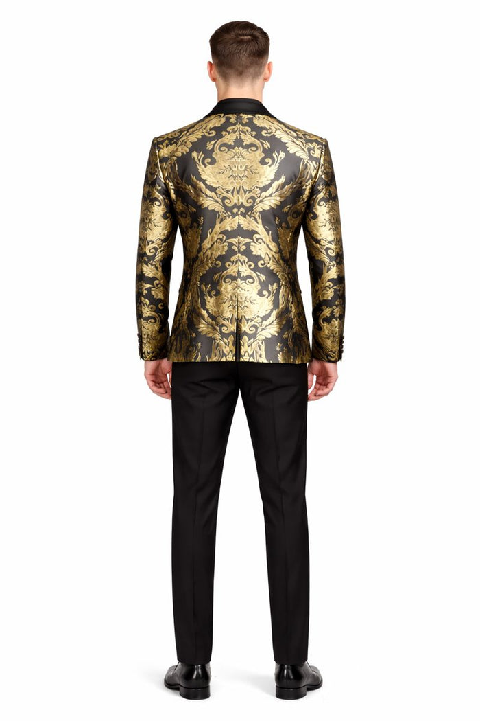 Vinci Mens Black and Gold Modern Fit 3pc Tuxedo Suit-New Designer Collection
