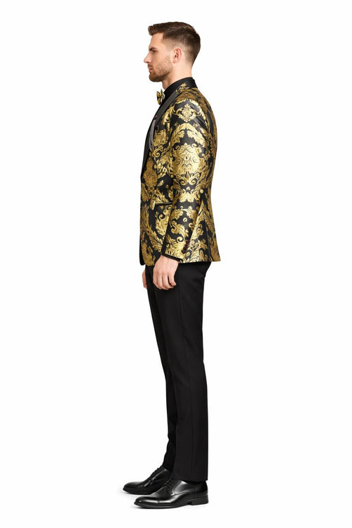 Vinci Mens Black and Gold Modern Fit 3pc Tuxedo Suit-New Designer Collection