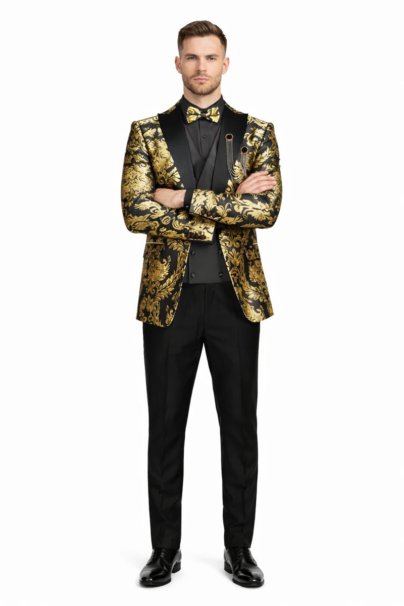 Vinci Mens Black and Gold Modern Fit 3pc Tuxedo Suit-New Designer Collection - 34 Short or Extra Small