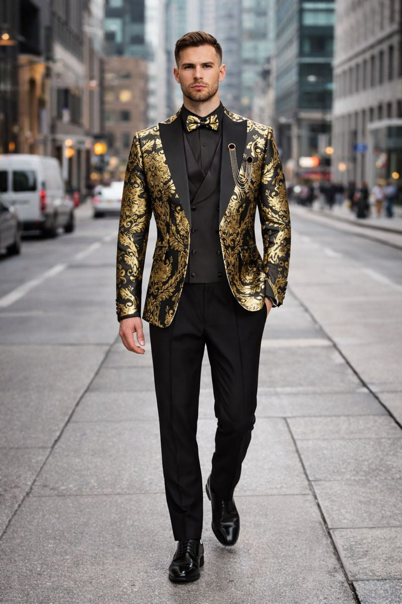 Vinci Mens Black and Gold Modern Fit 3pc Tuxedo Suit-New Designer Collection - 34 Short or Extra Small