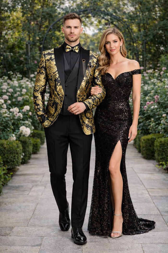 Vinci Mens Black and Gold Modern Fit 3pc Tuxedo Suit-New Designer Collection