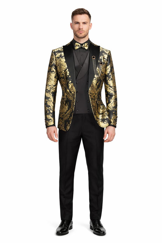 Vinci Mens Black and Gold Modern Fit 3pc Tuxedo Suit-New Designer Collection