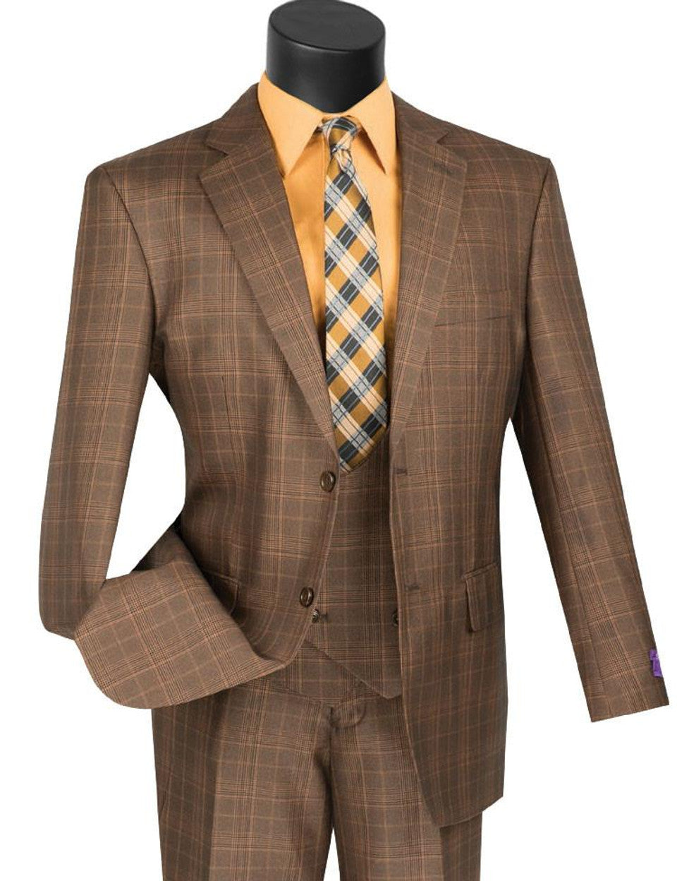 Brown Suit - Men's Brown Plaid 3 Piece 1920sScoop Vest Milano Fashion Suit - Coat Size 38