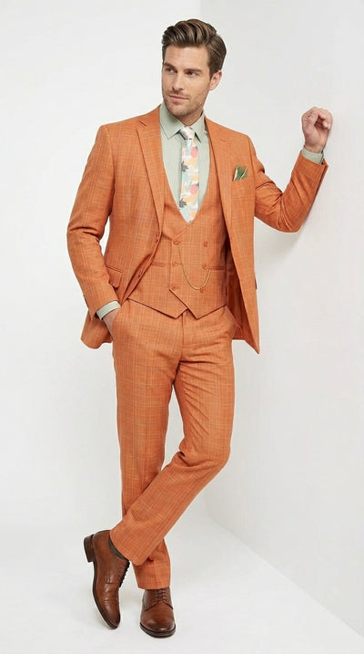 Vinci Mens Orange Three Piece Suit – Orange Windowpane Plaid 3PC Formal Suit for Wedding, Church and Business Holloween Color