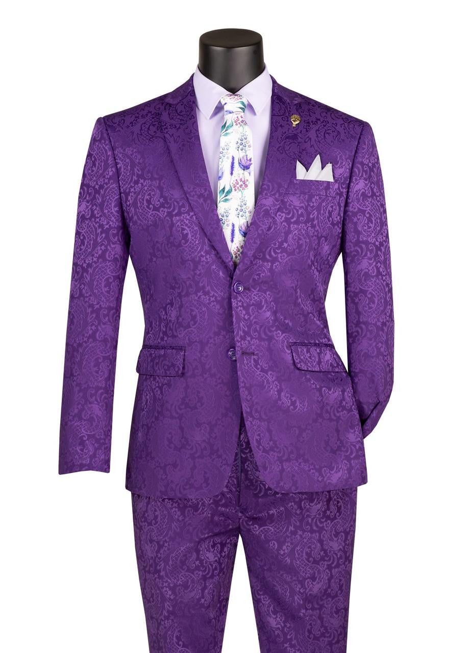 Mens Paisley Pattern Prom Suit Grape Purple Slim Fit Formal Style - 34 Short or Extra Small