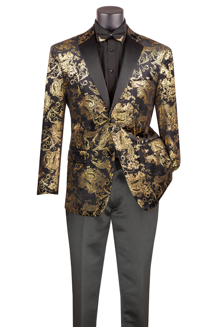 Posh Paisley Velvet Black and Gold Tuxedo Jacket - 34 Short or Extra Small