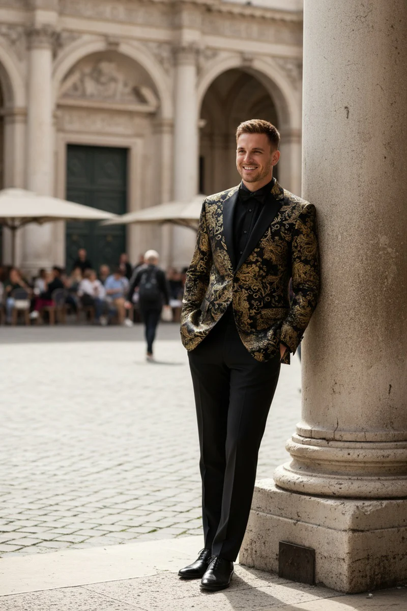 Posh Paisley Velvet Black and Gold Tuxedo Jacket - 34 Short or Extra Small