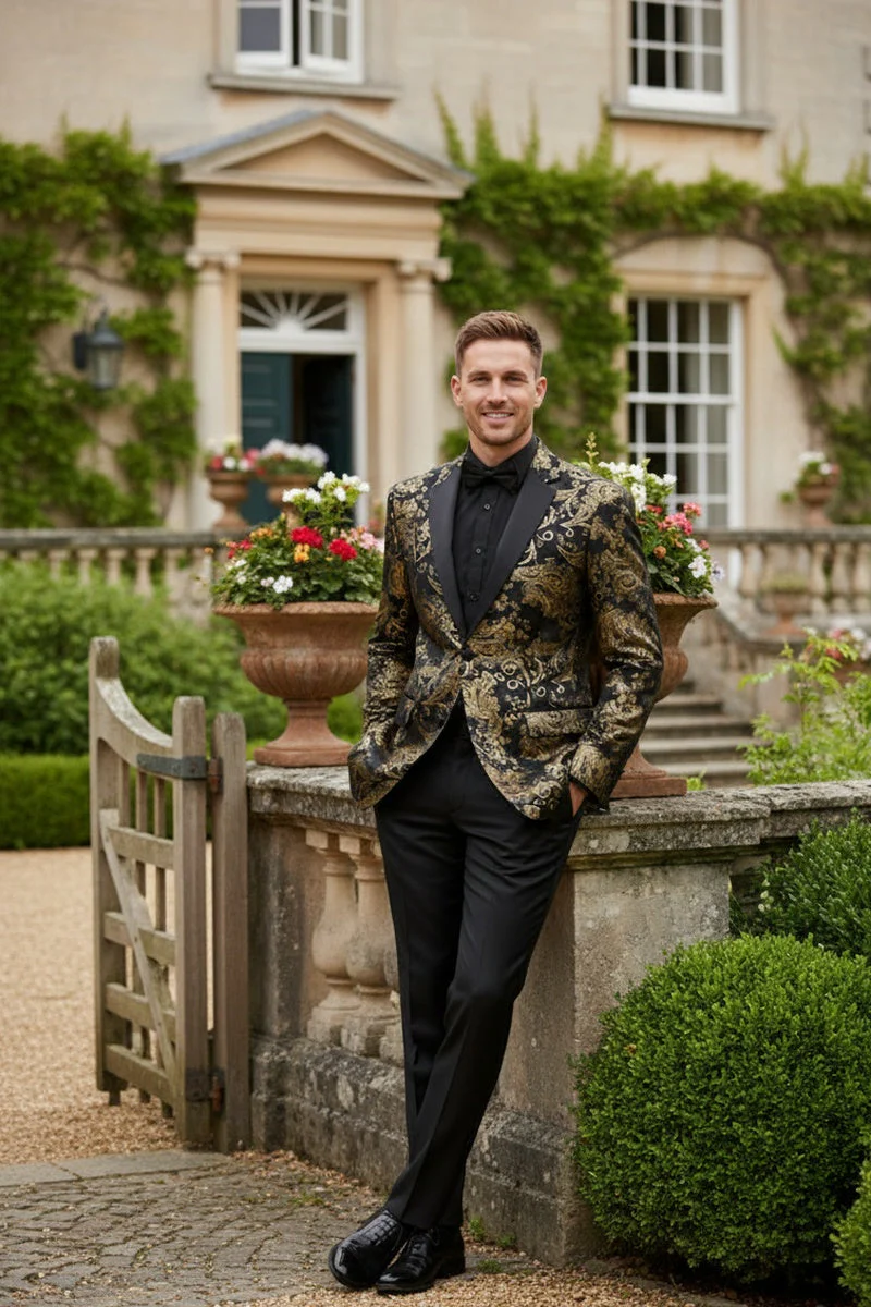 Posh Paisley Velvet Black and Gold Tuxedo Jacket - 34 Short or Extra Small