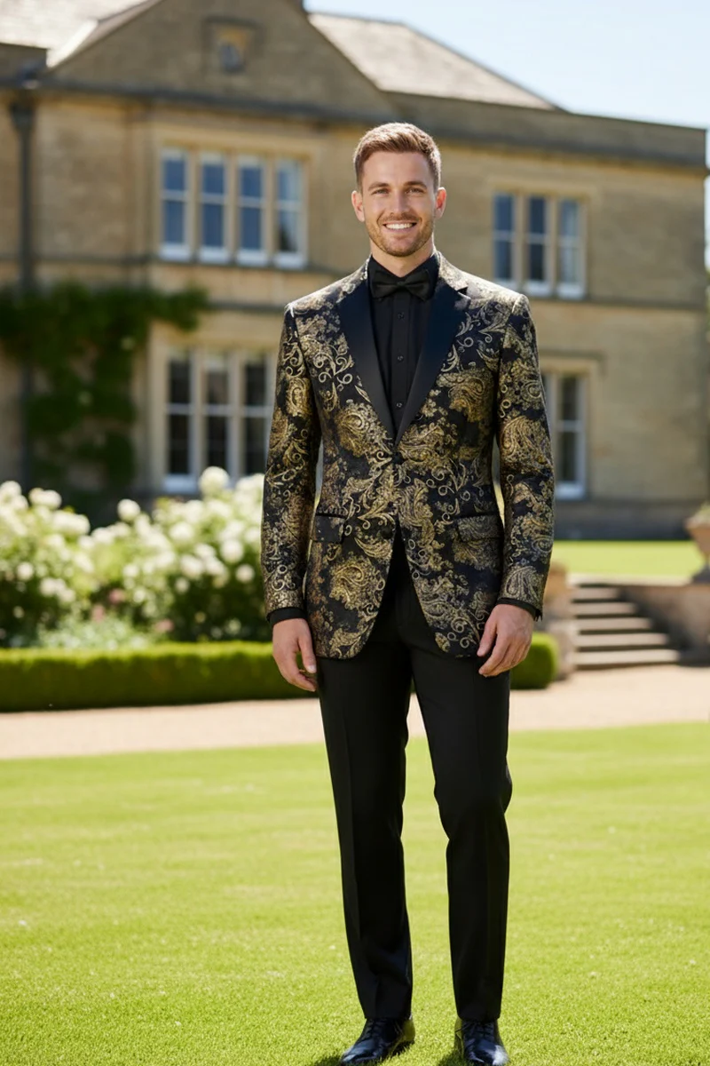 Posh Paisley Velvet Black and Gold Tuxedo Jacket - 34 Short or Extra Small