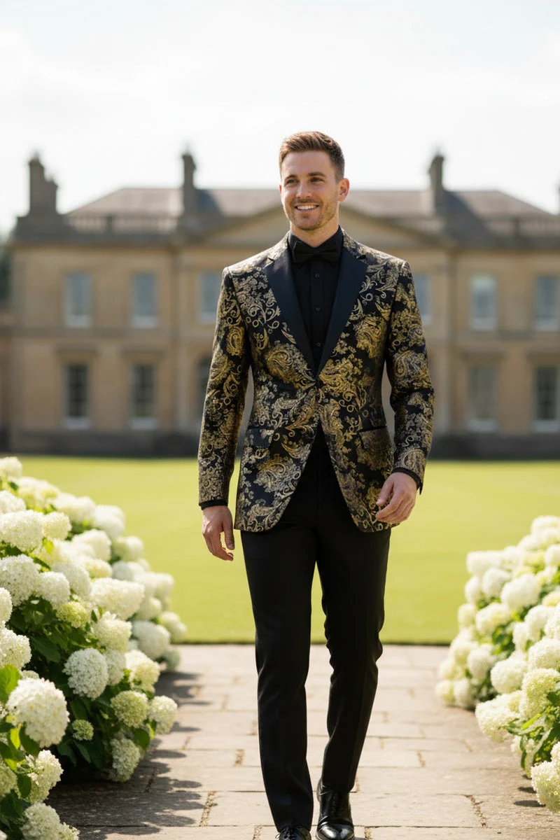 Posh Paisley Velvet Black and Gold Tuxedo Jacket - 34 Short or Extra Small