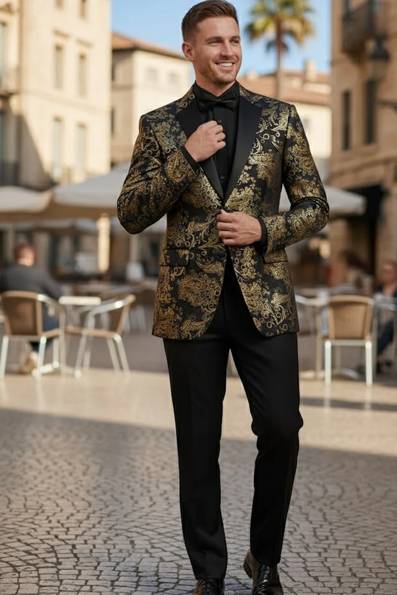 Posh Paisley Velvet Black and Gold Tuxedo Jacket - 34 Short or Extra Small