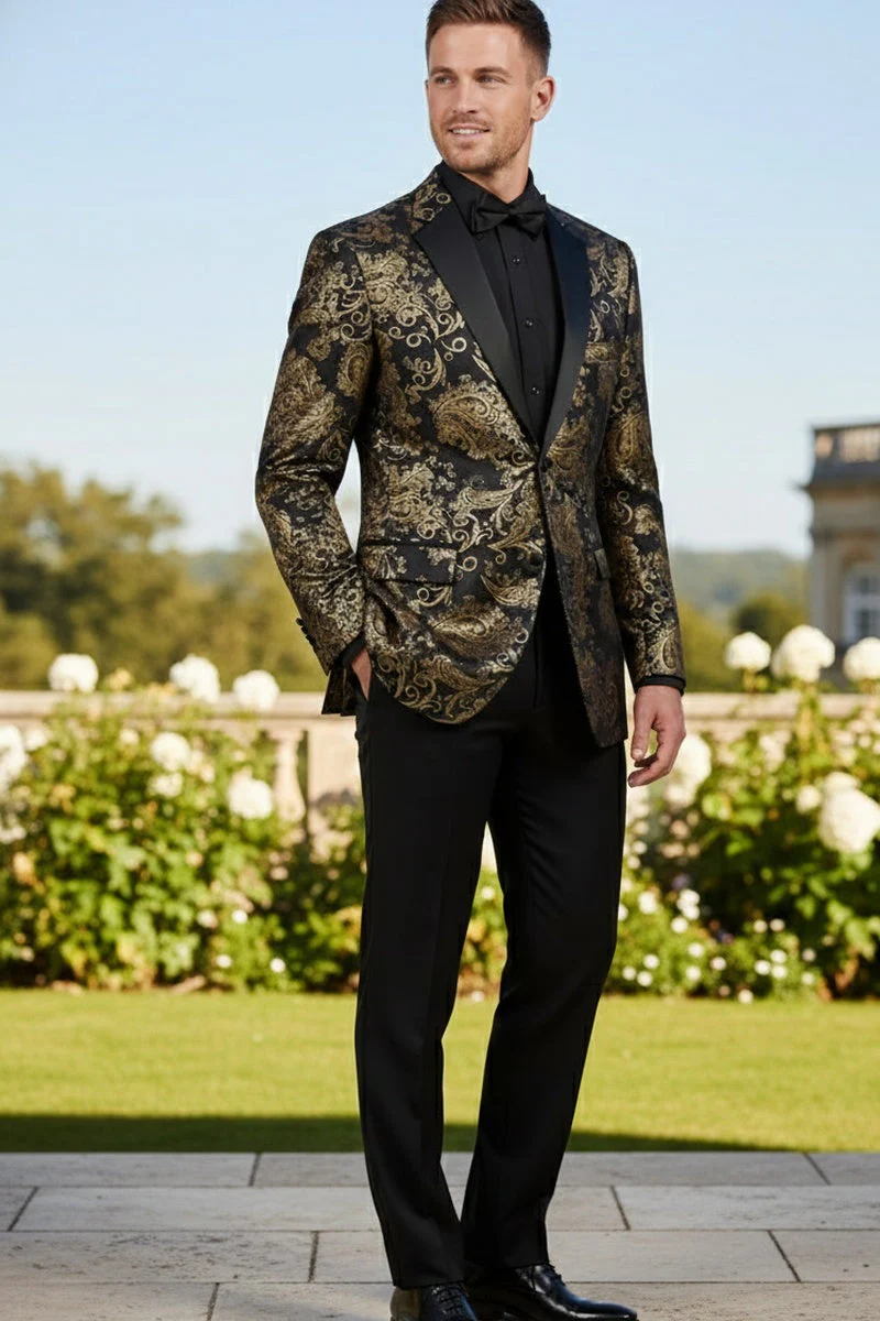 Posh Paisley Velvet Black and Gold Tuxedo Jacket - 34 Short or Extra Small