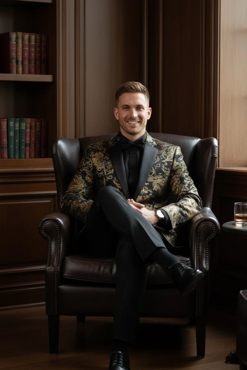 Posh Paisley Velvet Black and Gold Tuxedo Jacket - 34 Short or Extra Small
