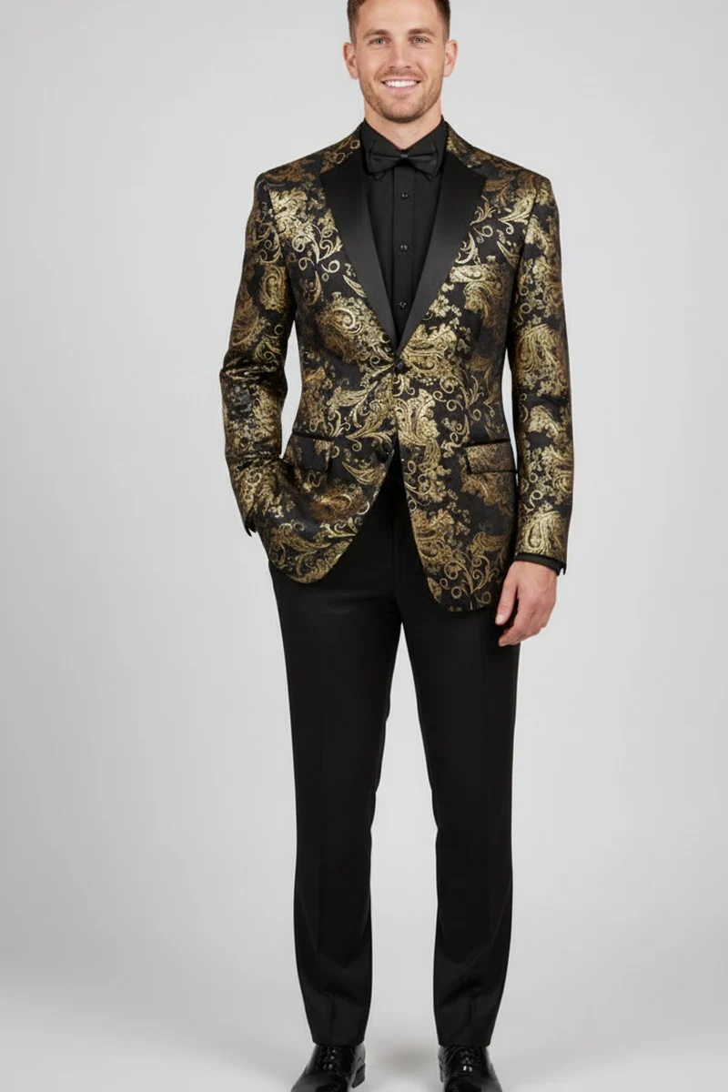 Posh Paisley Velvet Black and Gold Tuxedo Jacket - 34 Short or Extra Small
