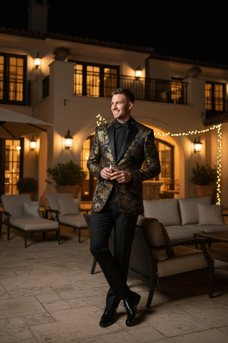 Posh Paisley Velvet Black and Gold Tuxedo Jacket - 34 Short or Extra Small