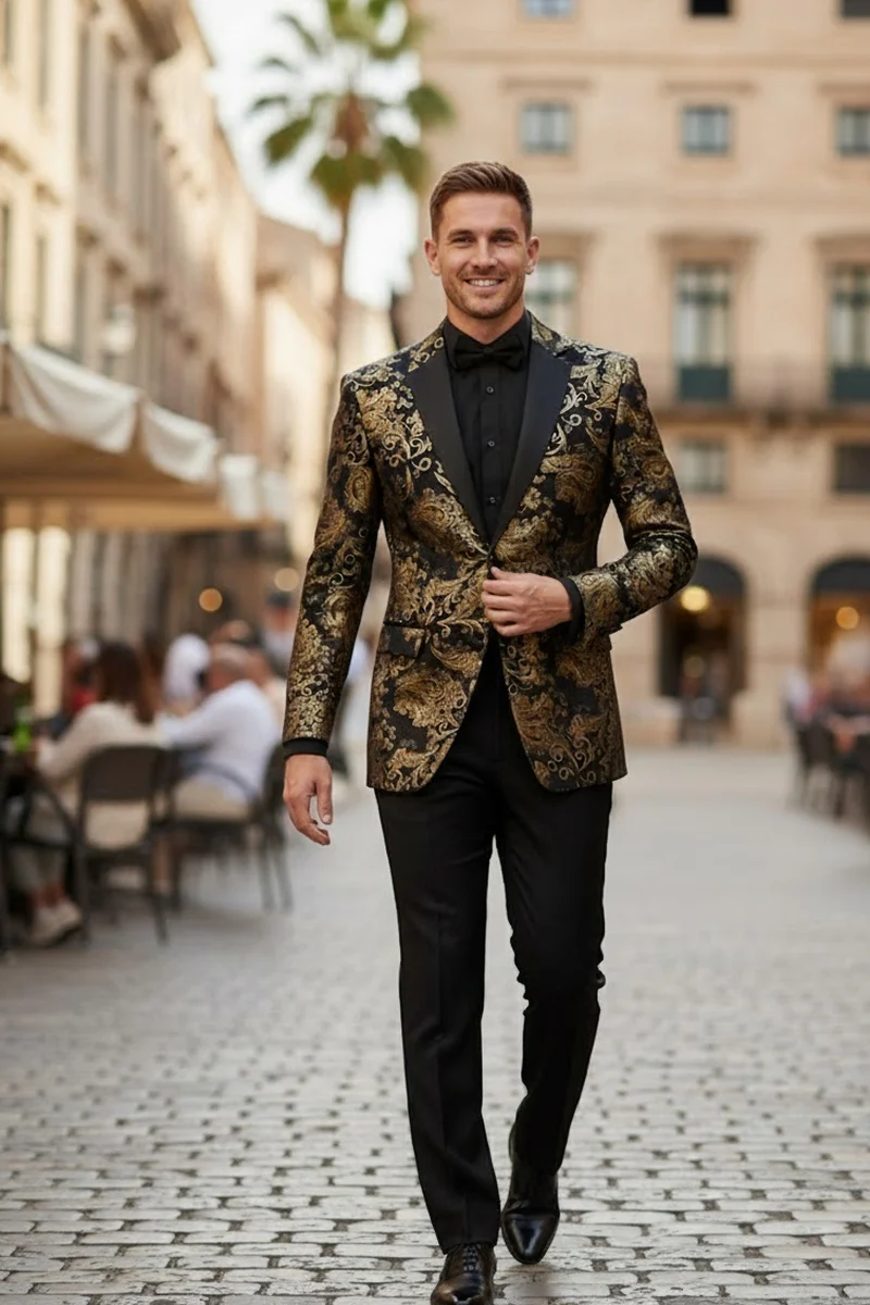 Posh Paisley Velvet Black and Gold Tuxedo Jacket - 34 Short or Extra Small