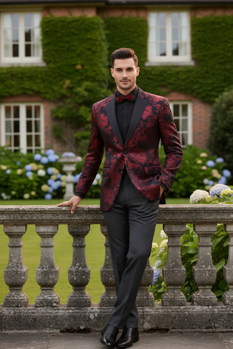 Posh Paisley Velvet Red Tuxedo Jacket - 34 Short or Extra Small