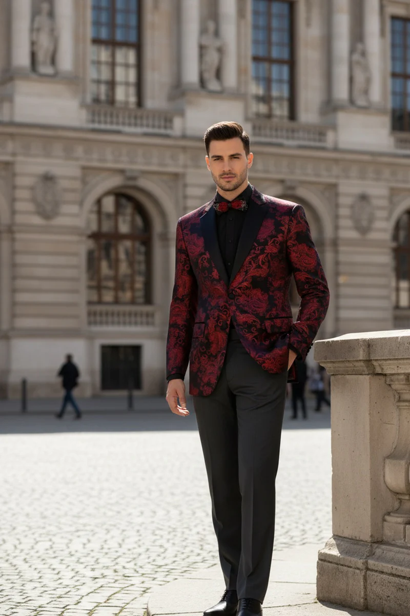 Posh Paisley Velvet Red Tuxedo Jacket - 34 Short or Extra Small