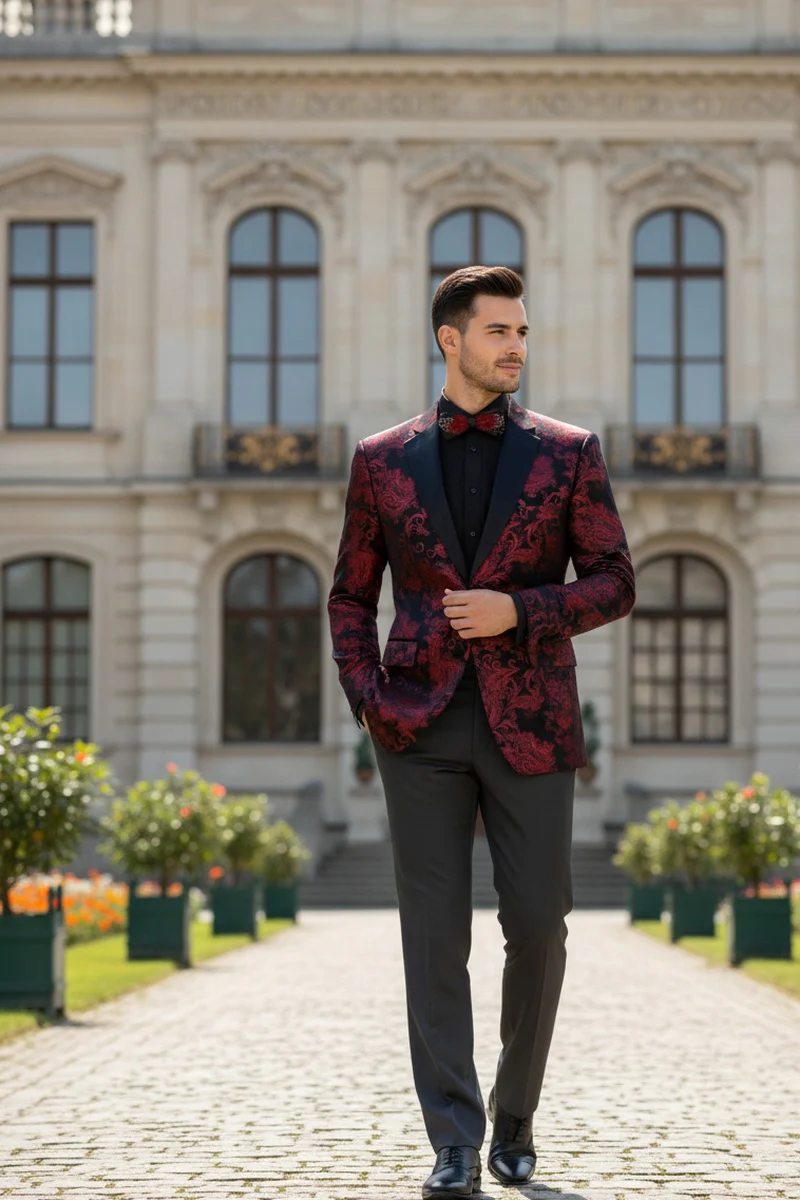 Posh Paisley Velvet Red Tuxedo Jacket - 34 Short or Extra Small