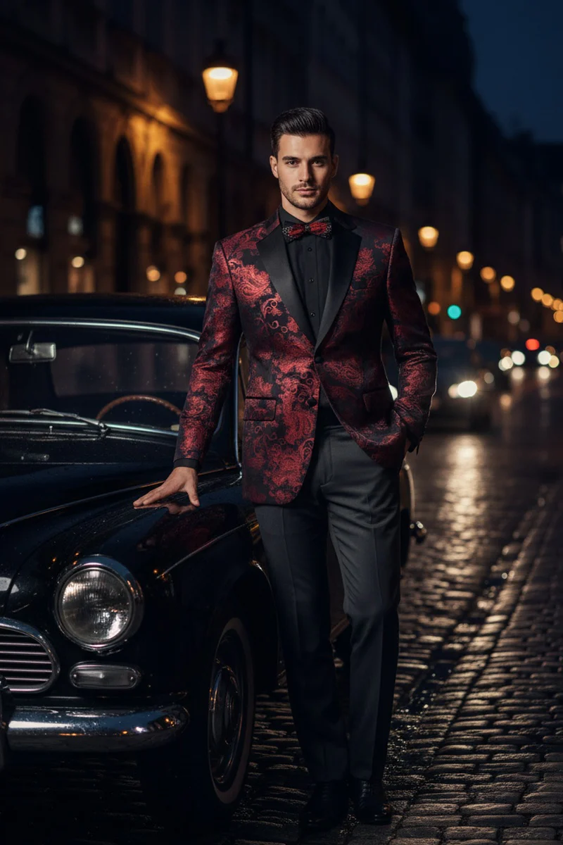 Posh Paisley Velvet Red Tuxedo Jacket - 34 Short or Extra Small