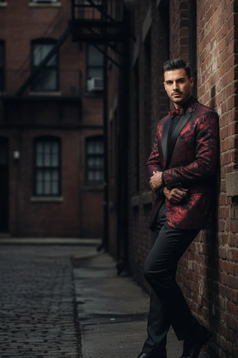 Posh Paisley Velvet Red Tuxedo Jacket - 34 Short or Extra Small