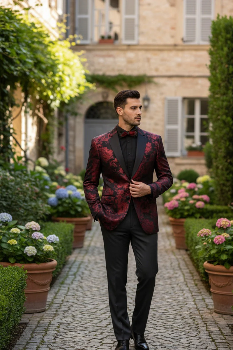Posh Paisley Velvet Red Tuxedo Jacket - 34 Short or Extra Small