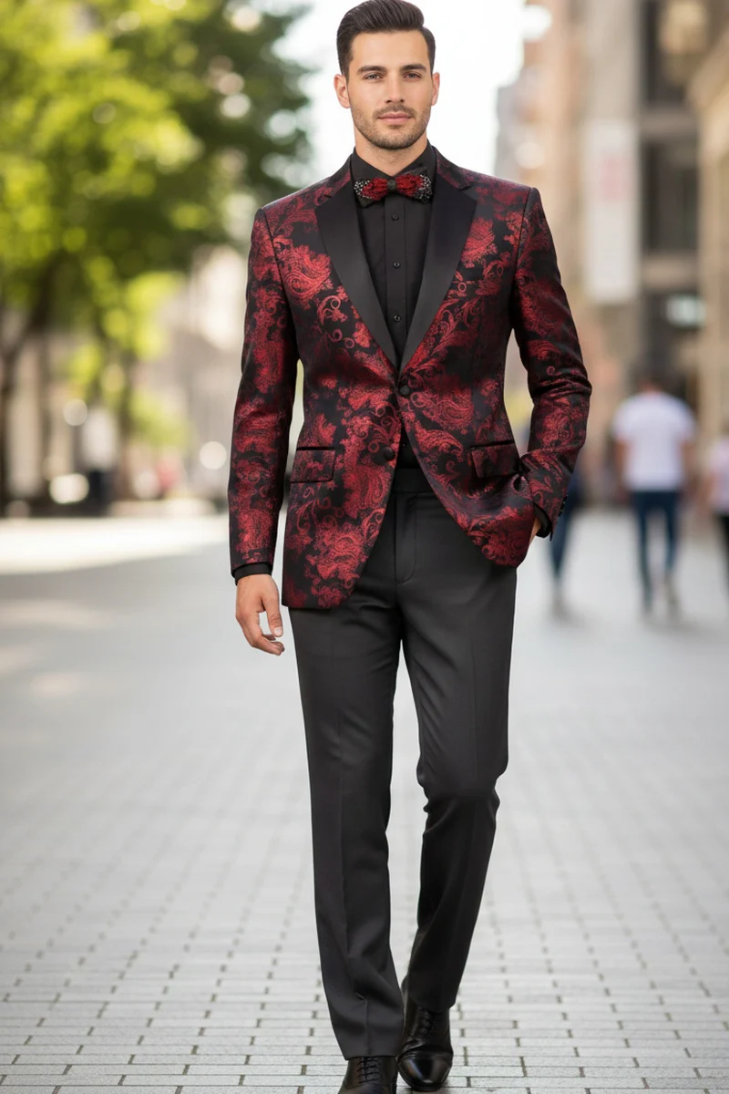 Posh Paisley Velvet Red Tuxedo Jacket - 34 Short or Extra Small