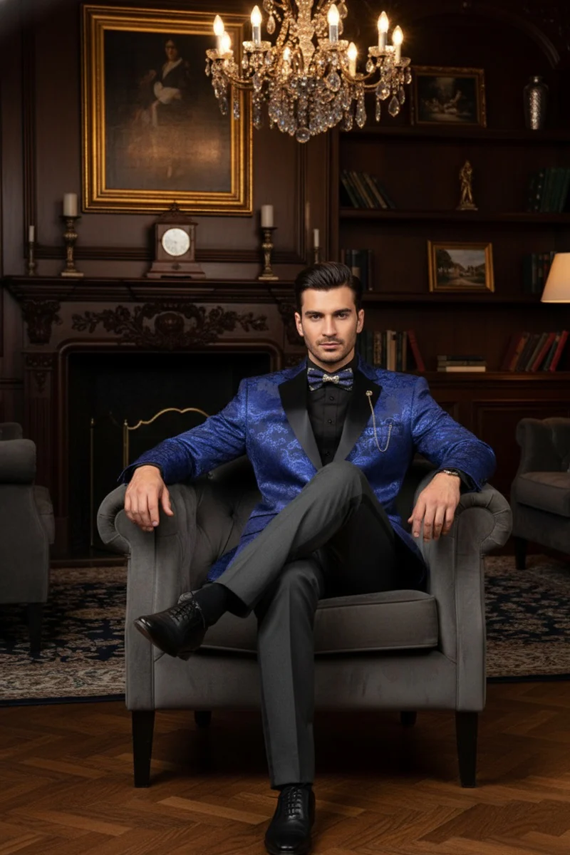 Posh Paisley Velvet Royal Blue Tuxedo Jacket - 34 Short or Extra Small