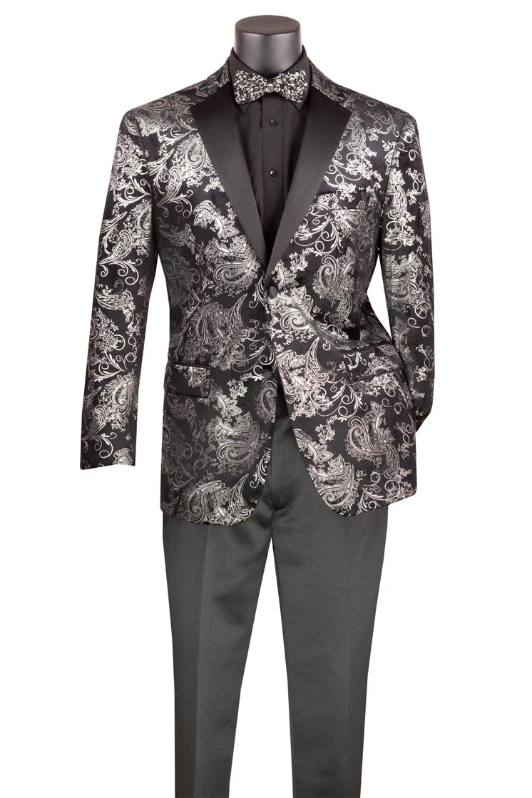 Posh Paisley Velvet Silver Tuxedo Jacket - 34 Short or Extra Small