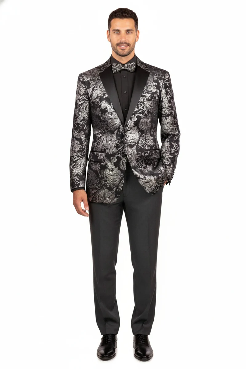 Posh Paisley Velvet Silver Tuxedo Jacket - 34 Short or Extra Small