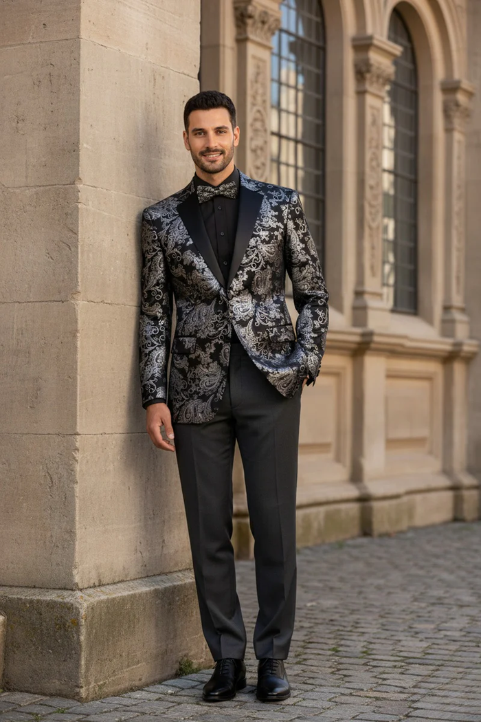 Posh Paisley Velvet Silver Tuxedo Jacket
