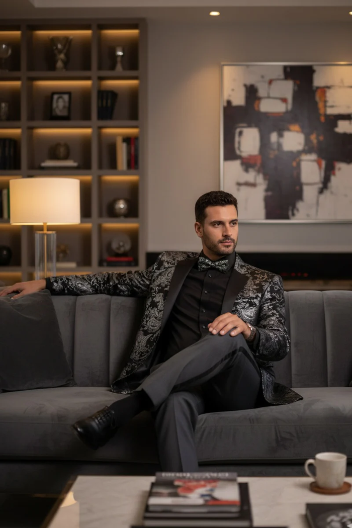 Posh Paisley Velvet Silver Tuxedo Jacket