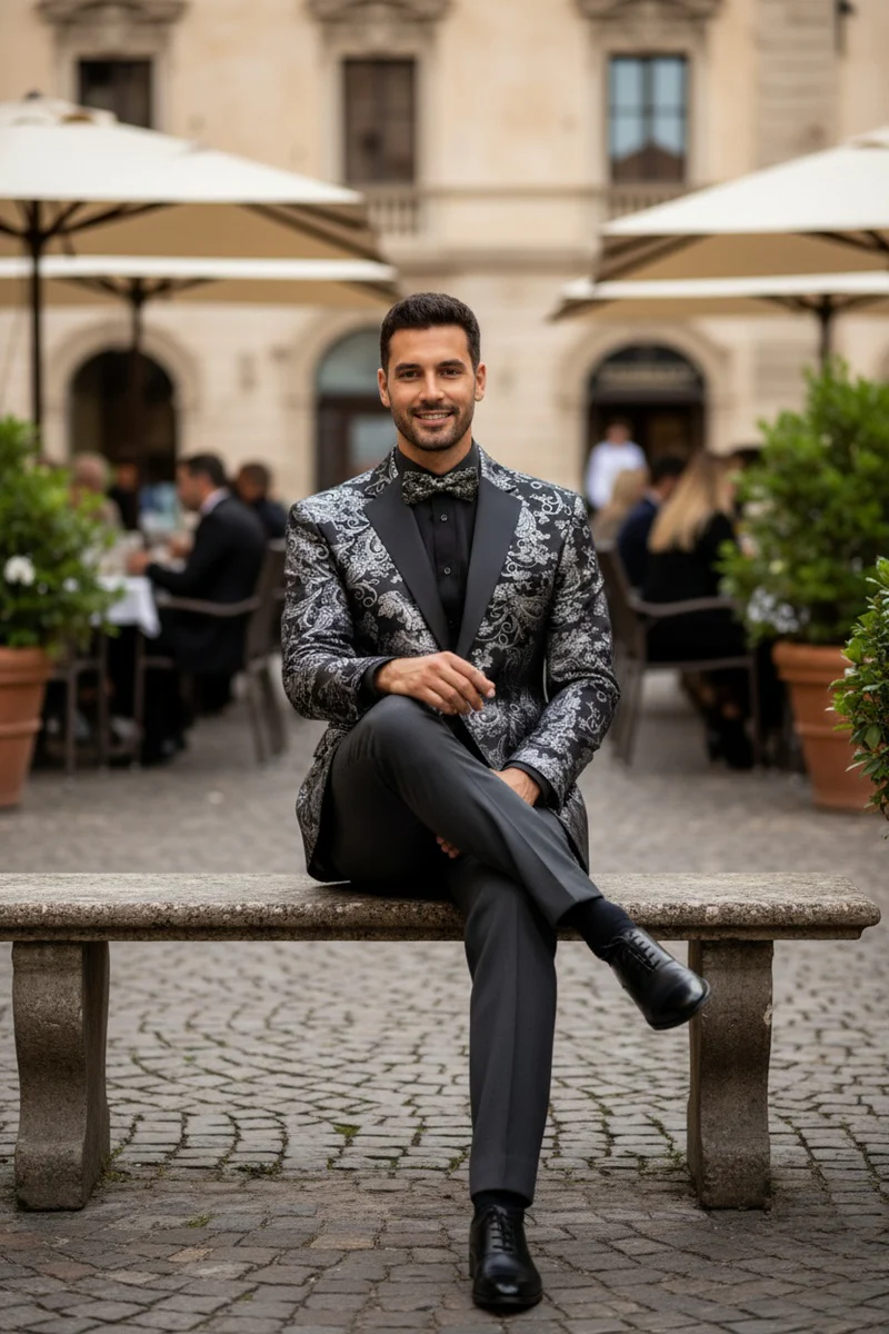Posh Paisley Velvet Silver Tuxedo Jacket - 34 Short or Extra Small