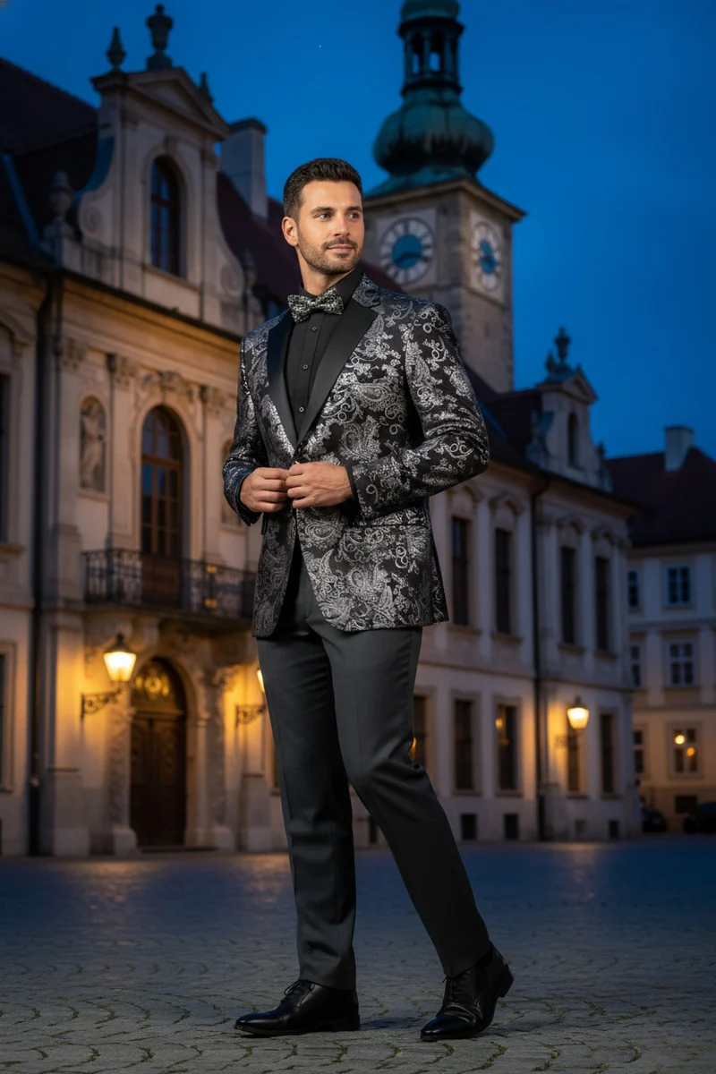 Posh Paisley Velvet Silver Tuxedo Jacket - 34 Short or Extra Small