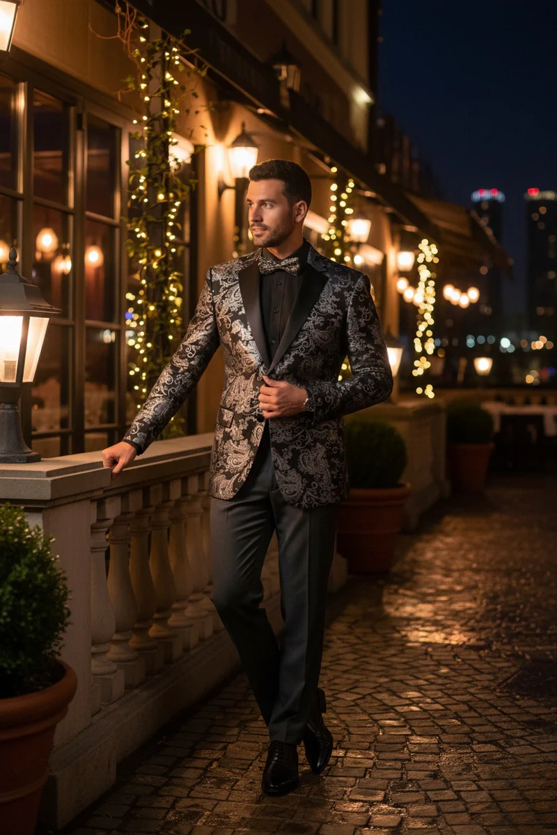 Posh Paisley Velvet Silver Tuxedo Jacket - 34 Short or Extra Small
