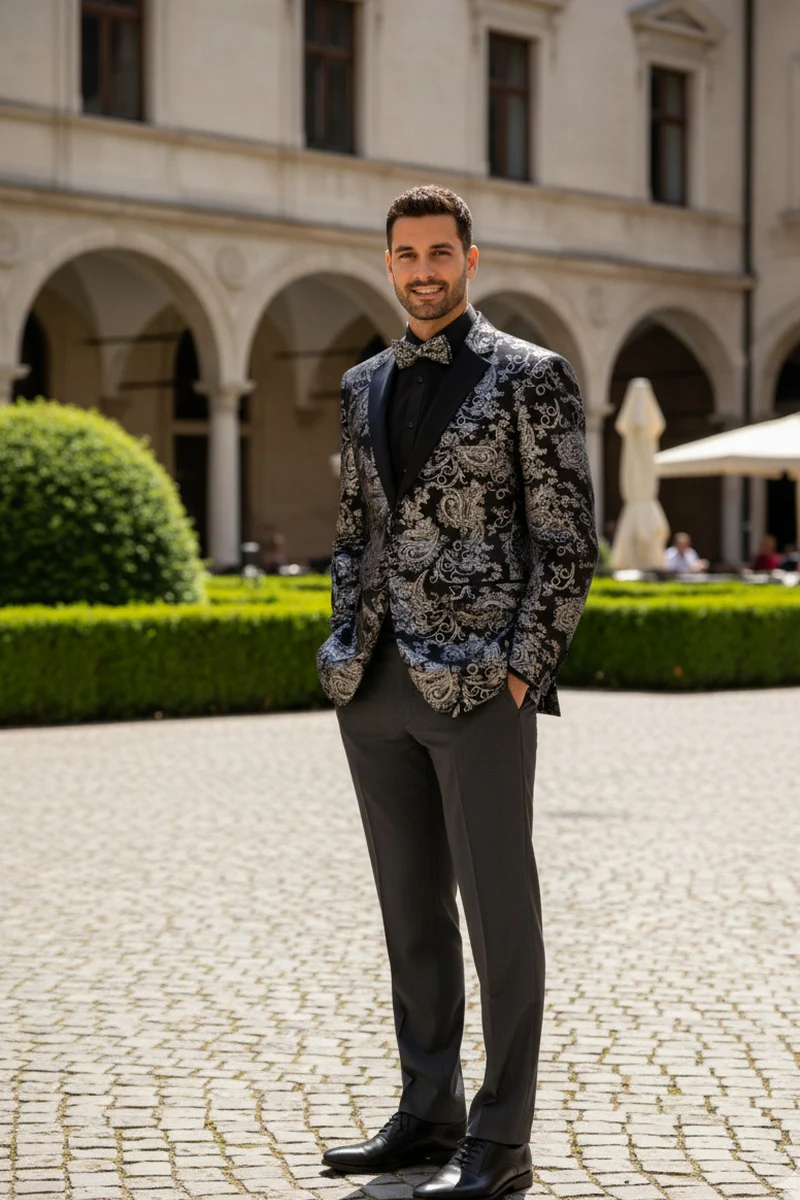 Posh Paisley Velvet Silver Tuxedo Jacket - 34 Short or Extra Small
