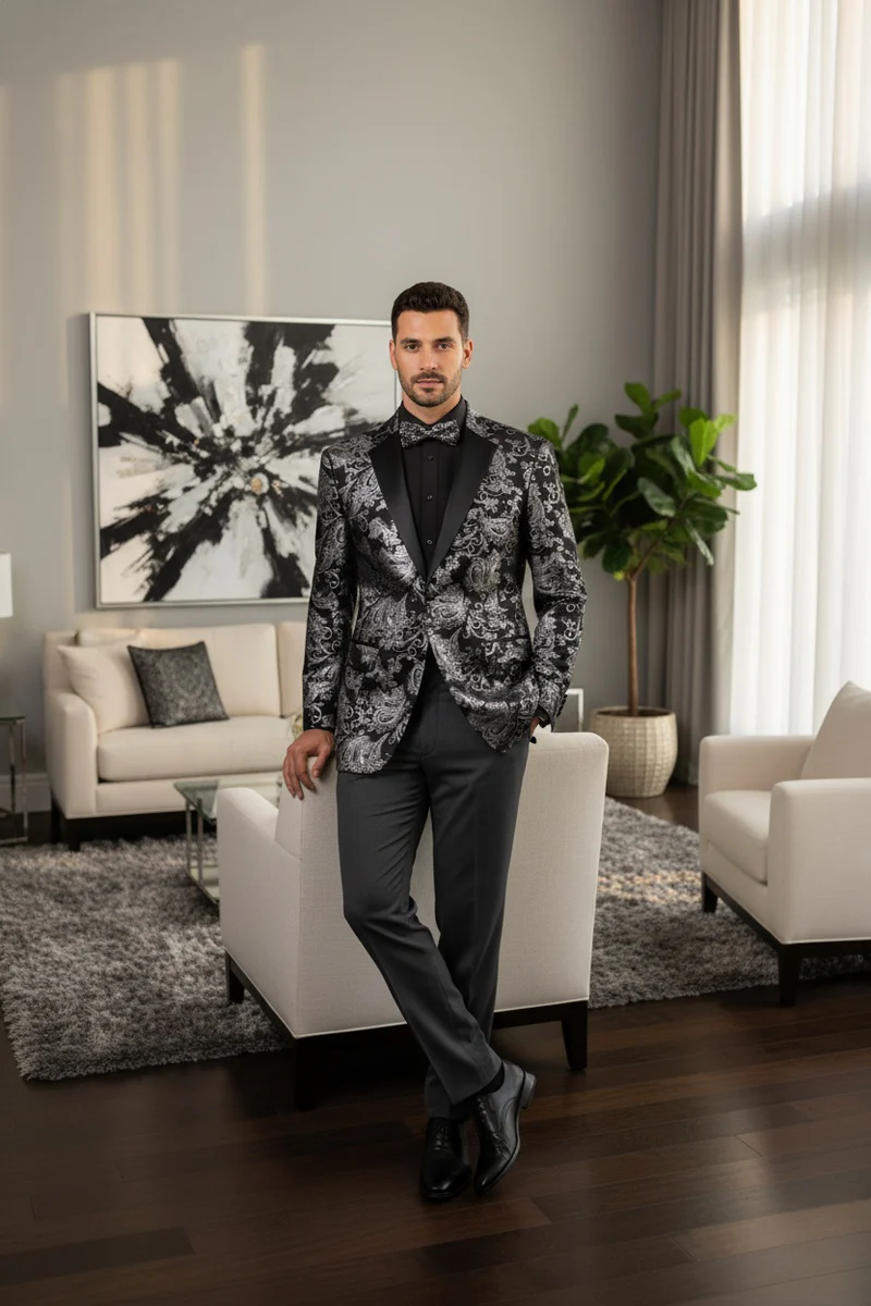 Posh Paisley Velvet Silver Tuxedo Jacket - 34 Short or Extra Small
