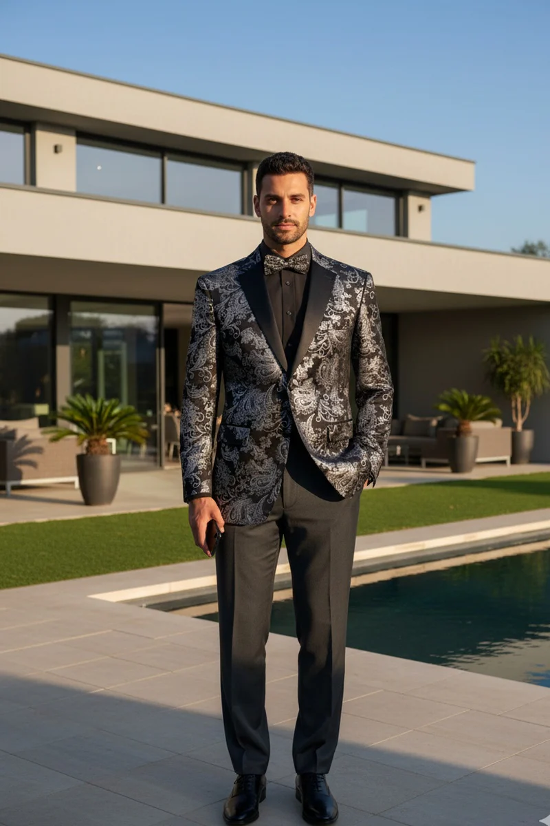 Posh Paisley Velvet Silver Tuxedo Jacket - 34 Short or Extra Small