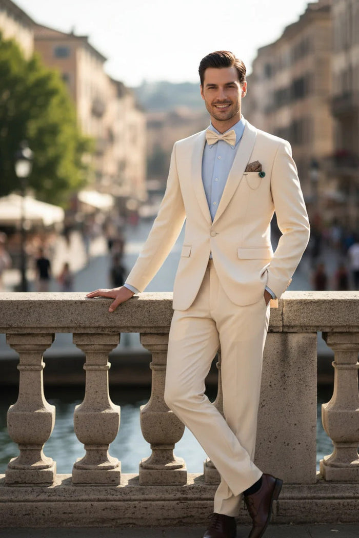 Spectrum Champagne Shawl Lapel Tuxedo – 3-Piece One Button Elegant Formal Suit