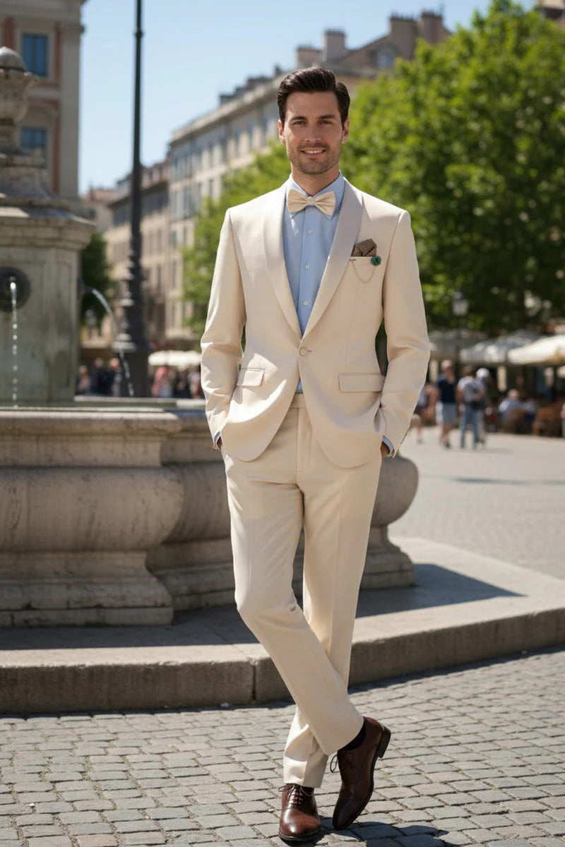 Spectrum Champagne Shawl Lapel Tuxedo – 3-Piece One Button Elegant Formal Suit - 34 Short or Extra Small