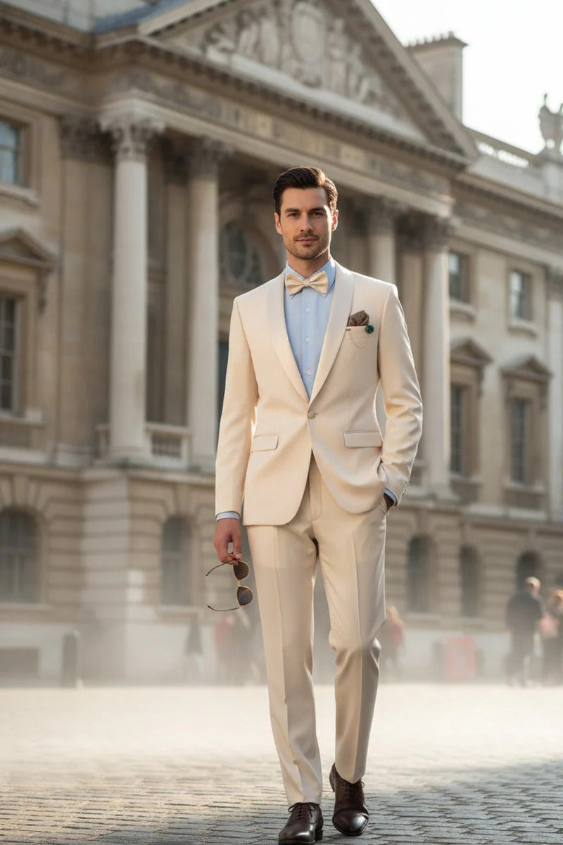 Spectrum Champagne Shawl Lapel Tuxedo – 3-Piece One Button Elegant Formal Suit - 34 Short or Extra Small