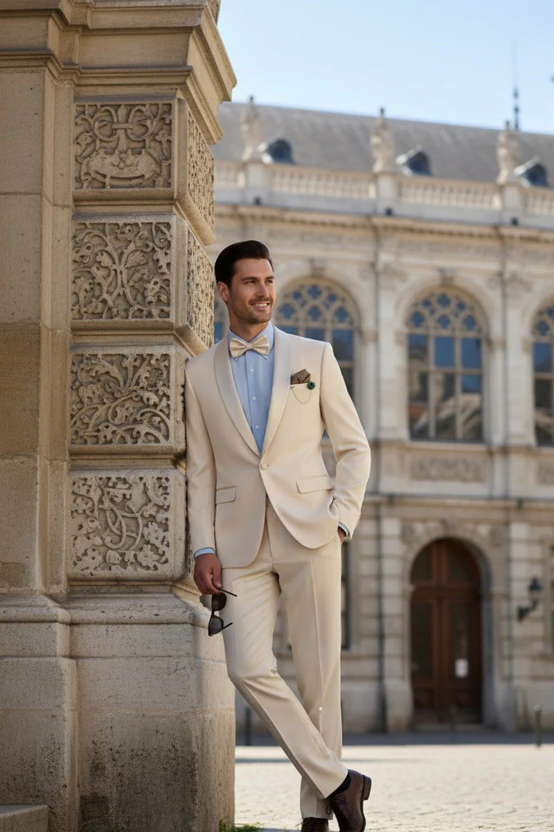 Spectrum Champagne Shawl Lapel Tuxedo – 3-Piece One Button Elegant Formal Suit - 34 Short or Extra Small