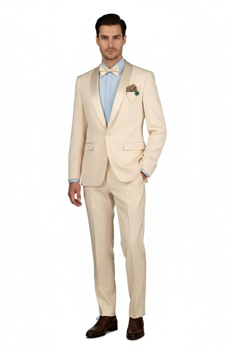 Spectrum Champagne Shawl Lapel Tuxedo – 3-Piece One Button Elegant Formal Suit - 34 Short or Extra Small