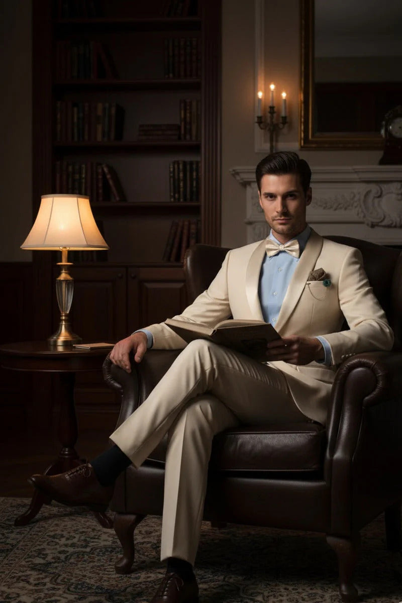 Spectrum Champagne Shawl Lapel Tuxedo – 3-Piece One Button Elegant Formal Suit - 34 Short or Extra Small