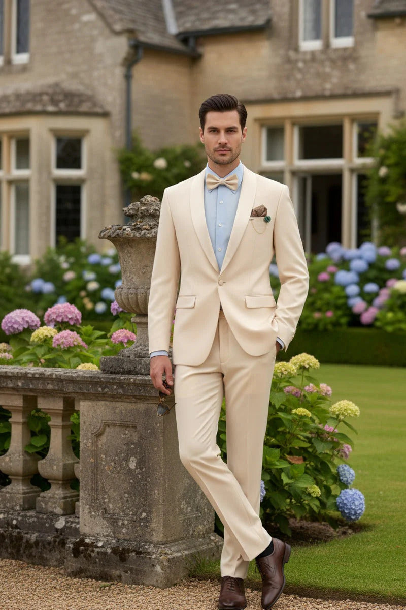 Spectrum Champagne Shawl Lapel Tuxedo – 3-Piece One Button Elegant Formal Suit - 34 Short or Extra Small