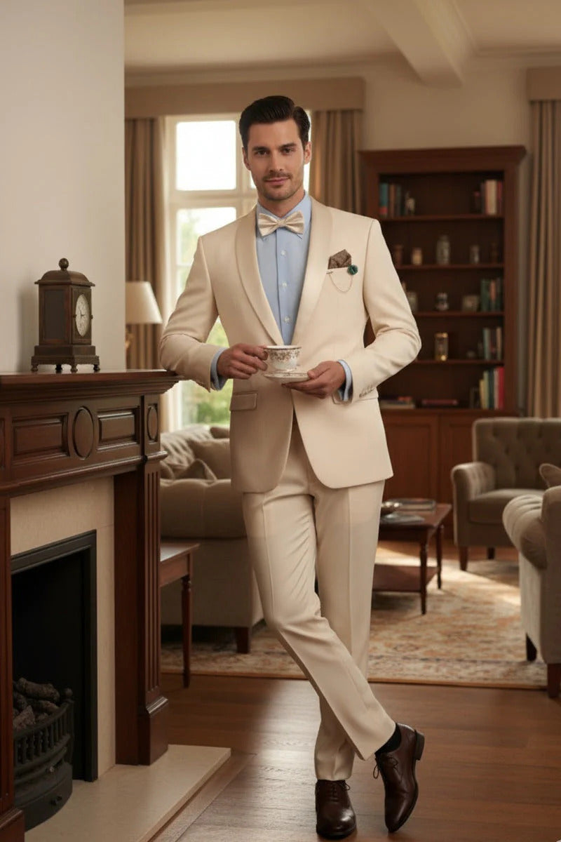 Spectrum Champagne Shawl Lapel Tuxedo – 3-Piece One Button Elegant Formal Suit - 34 Short or Extra Small