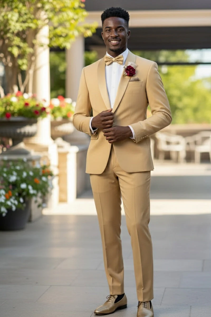 Light Gold Shawl Lapel Tuxedo by Spectrum – Elegant 3-Piece Formal Wear - 34 Short or Extra Small